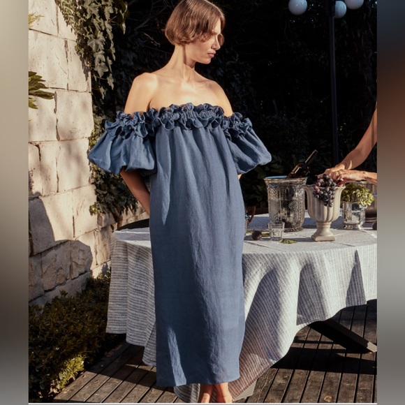 NWT Piece of White Navy Karla Off-The-Shoulder Midi-Dress Dress - Picture 1 of 8